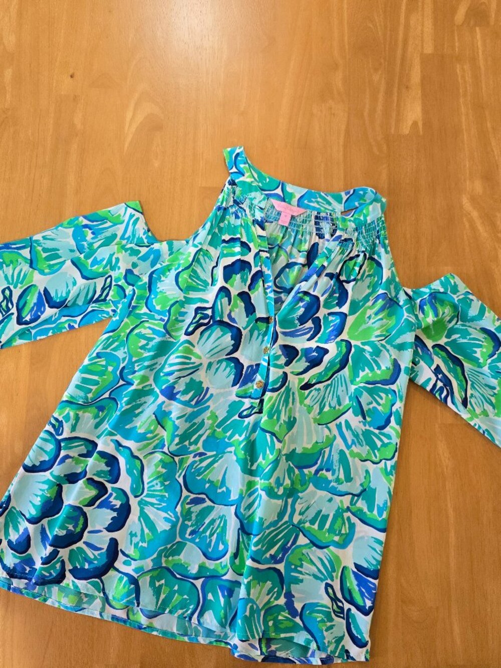 Lilly Pulitzer Sunny‎ Shoulder Elsa 100% Silk Top Agate Green Lazy River Medium